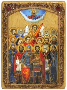 Икона ручной работы Собор покровителей воинства с камнями