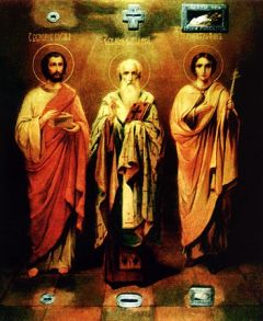 Рукописная икона бессребренник Косма, Харалампий и Трифон