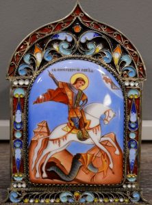 Рукописная икона из финифти Чудо Георгия о змие №65 (Размер 9х13 см)