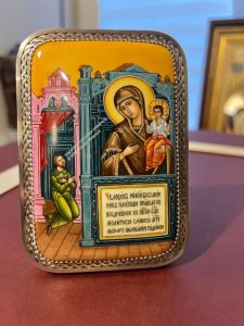 Рукописная икона из финифти Нечаянная Радость, серебро №2 (Размер 8х11 см)