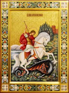 Рукописная икона Чудо Георгия о змие №61 (Размер 30х40 см)