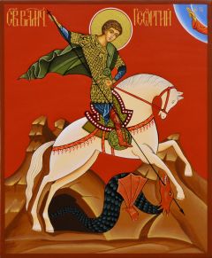 Рукописная икона Георгий Победоносец на коне