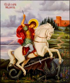 Рукописная икона Чудо Георгия о змии 25 (Размер 21*25 см)