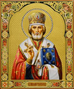 Рукописная икона Николай Чудотворец с резьбой 112 (Размер 21*25 см)