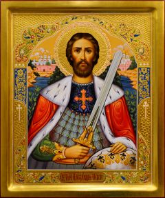 Рукописная икона Александр Невский с пейзажем и резьбой