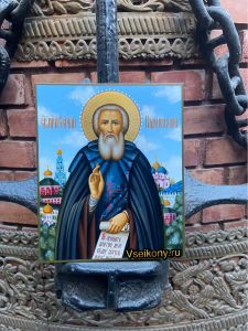 Рукописная икона Сергий Радонежский с Троице-Сергиевой лаврой (Размер 21*25 см)