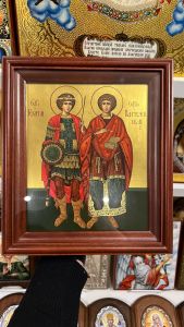 Рукописная икона Георгий Победоносец и Пантелеймон Целитель
