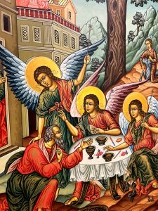 Рукописная икона Живоначальная Троица (Размер 35х47 см)