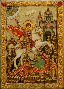 Икона ручной работы Чудо Георгия о змие с камнями