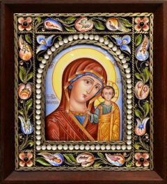 Рукописная икона из финифти Казанская №111 (Размер 14х16 см)