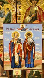 Рукописная икона Николай Чудотворец и Спиридон Тримифунтский №2 