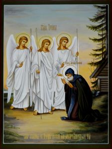 Рукописная икона Явление Святой Троицы Александру Свирскому