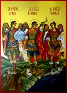 Рукописная икона Архангел Михаил, Гавриил и Рафаил