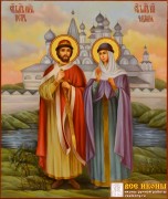 Рукописная икона Петр и Феврония масло 115 (Размер 21*25 см)